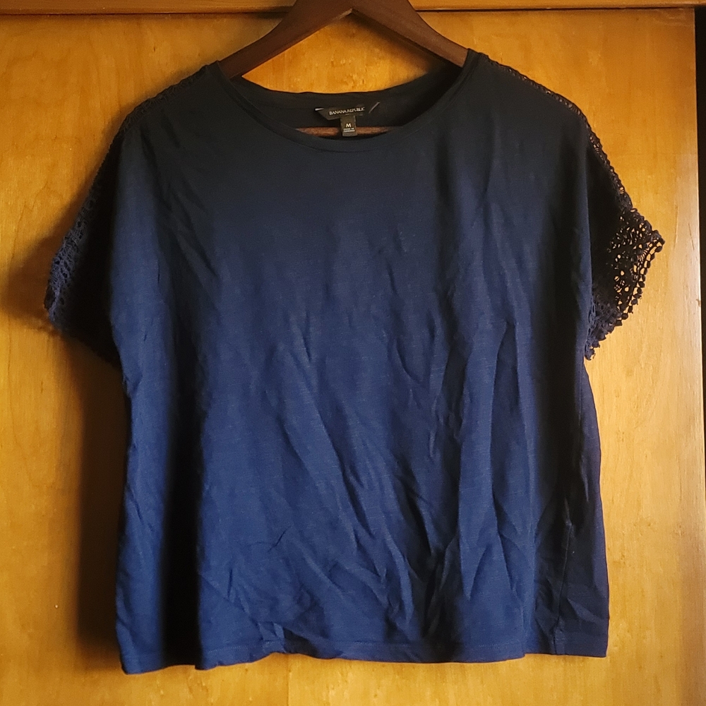Banana Republic Navy Top with Crochet Sleeves